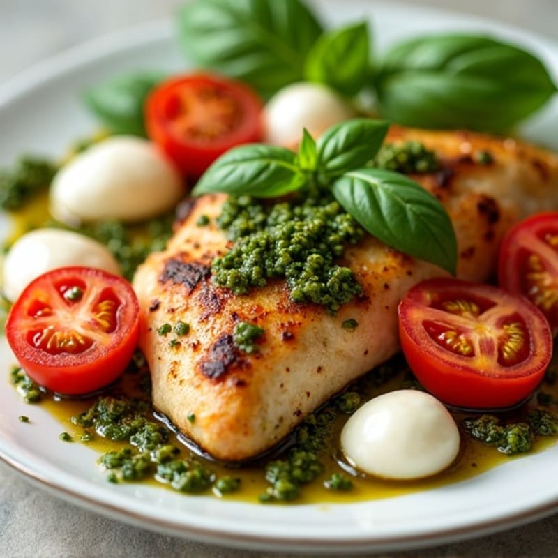 Pan-Seared Chicken with Fresh Tomatoes, Creamy Mozzarella, and Zesty Basil Pesto