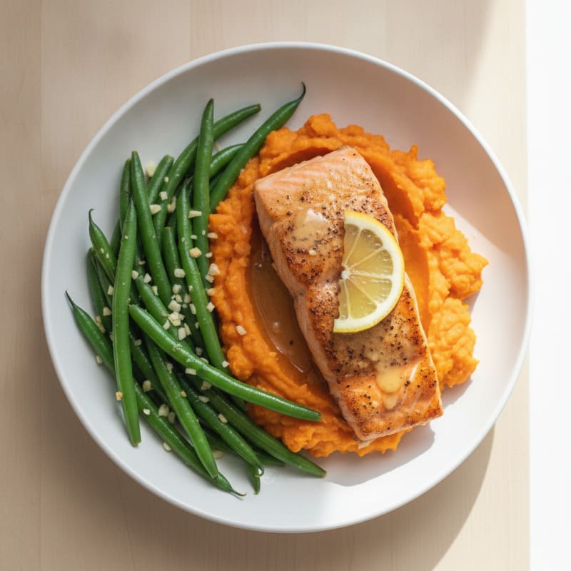 Seared Salmon with Garlic Green Beans and Sweet Potato Mash