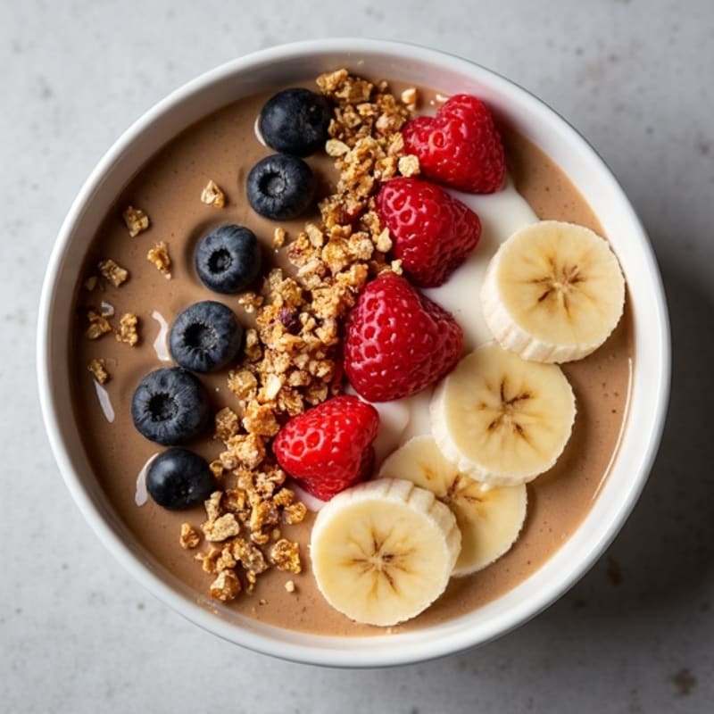 Creamy Coffee Protein Smoothie Bowl with Crunchy Granola and Fresh Berries