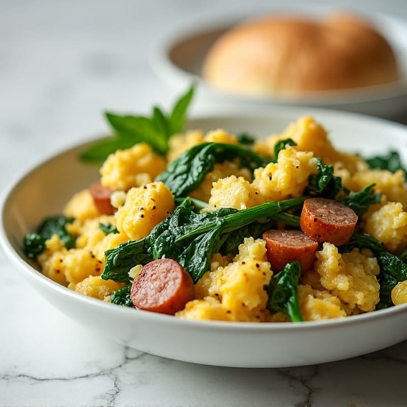 Egg White and Turkey Sausage Scramble with Sautéed Spinach