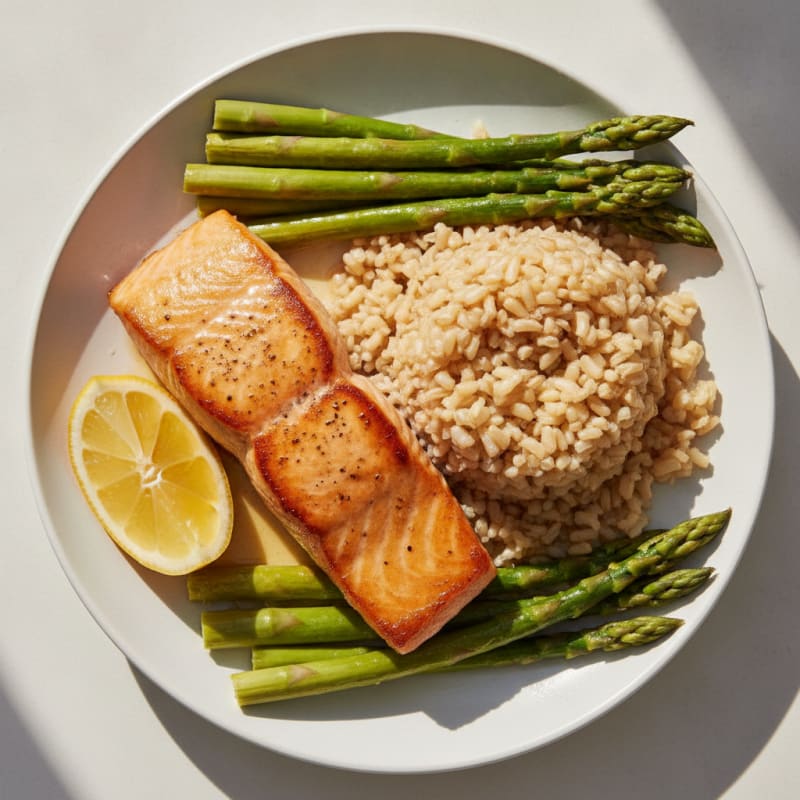 Seared Salmon with Steamed Asparagus and Brown Rice