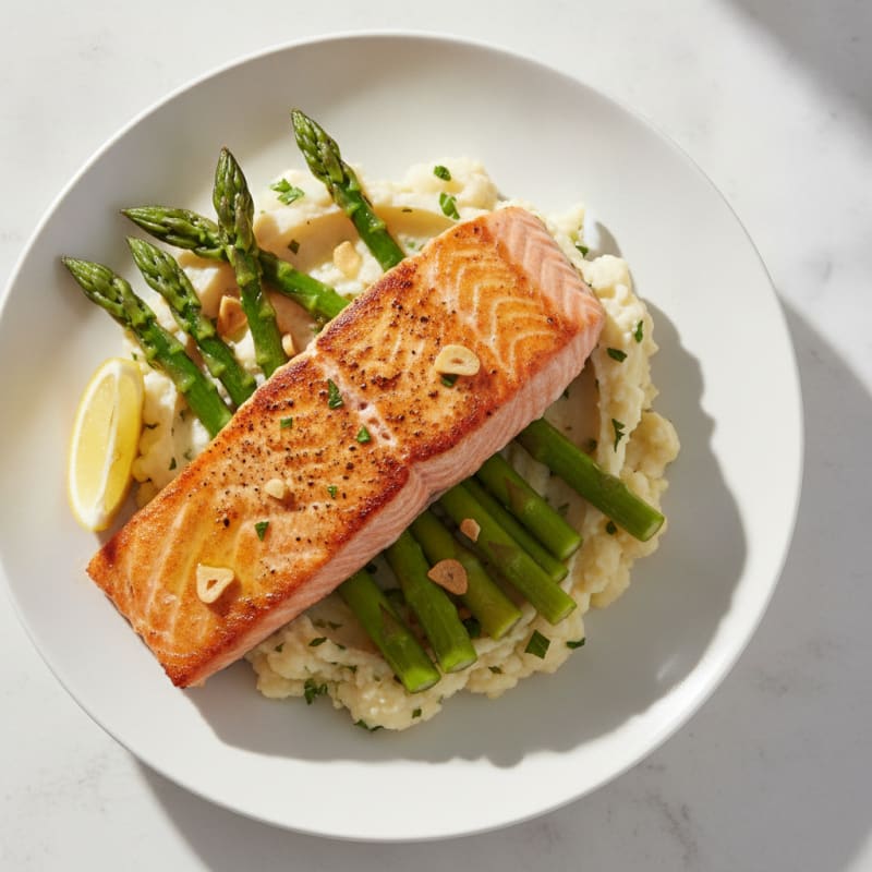 Seared Salmon Fillet with Steamed Asparagus and Garlic Mashed Cauliflower