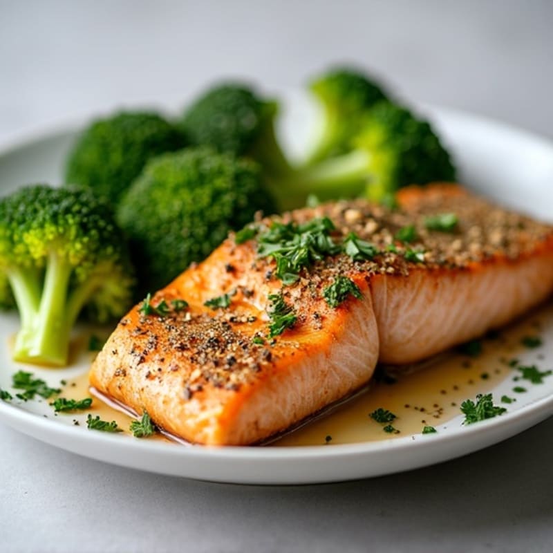 Herb-Crusted Pan Seared Salmon with Garlic Roasted Broccoli
