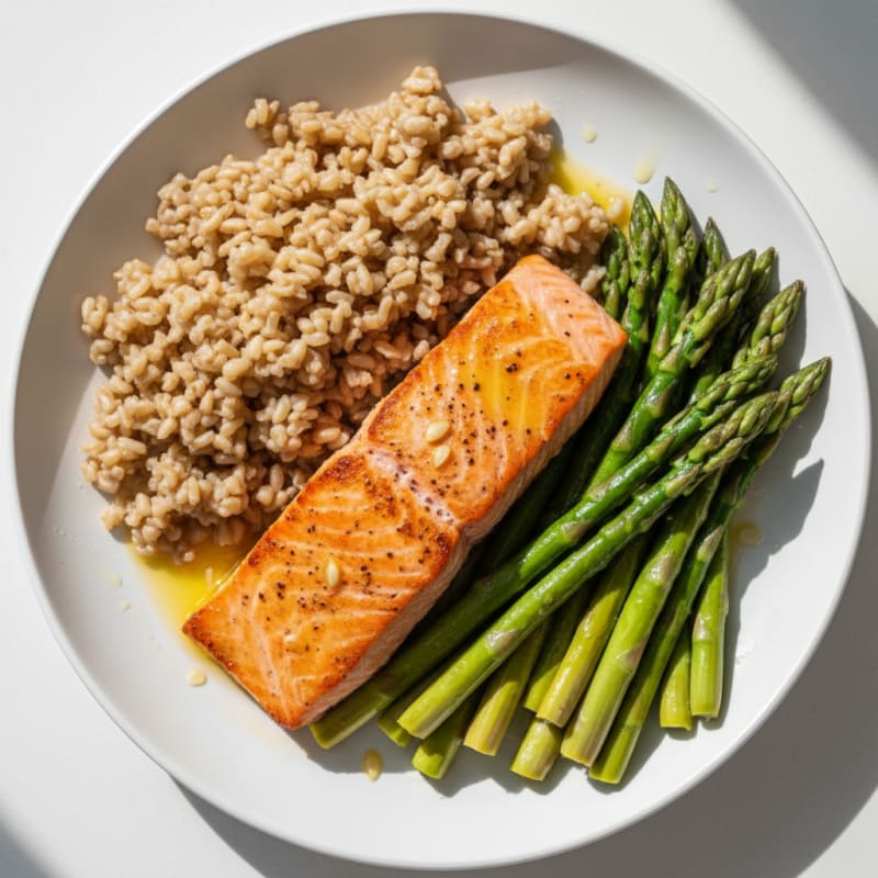 Seared Salmon with Steamed Asparagus and Brown Rice