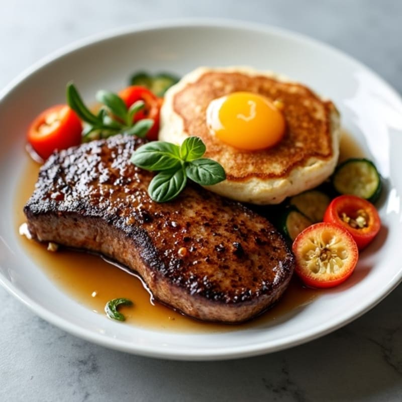 Seared Steak with Roasted Vegetables and Protein Pancakes