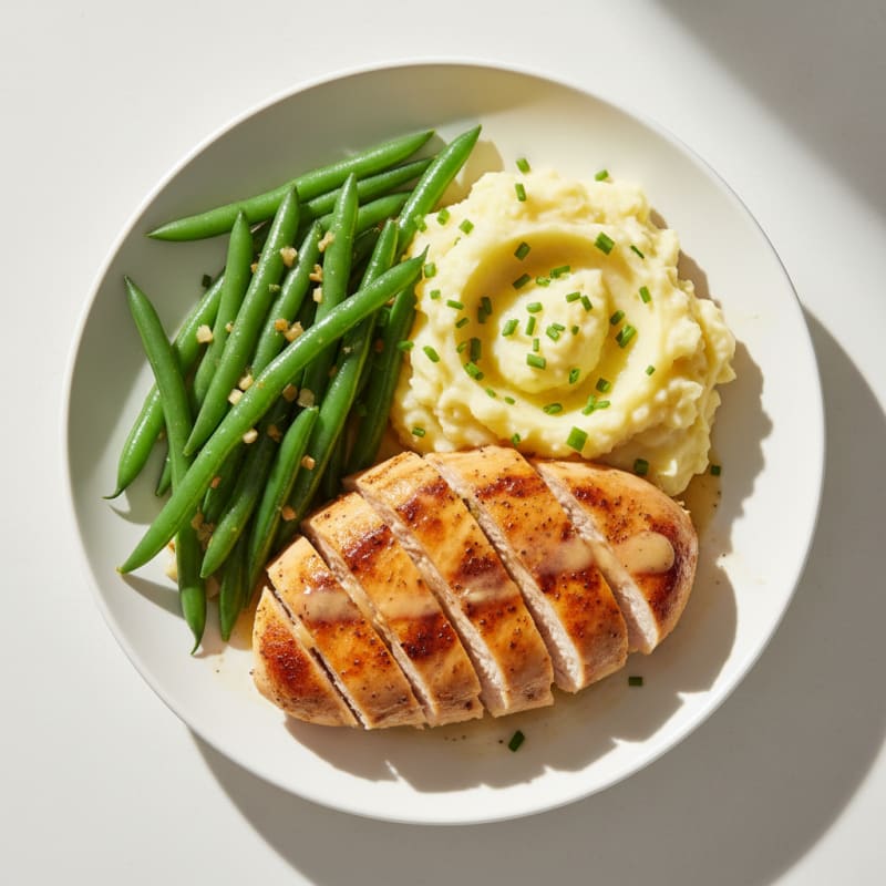 Pan-Seared Chicken Breast with Garlic Green Beans and Herb Mashed Potatoes
