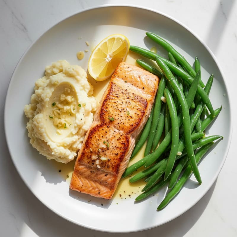 Seared Salmon with Steamed Green Beans and Garlic Mashed Cauliflower