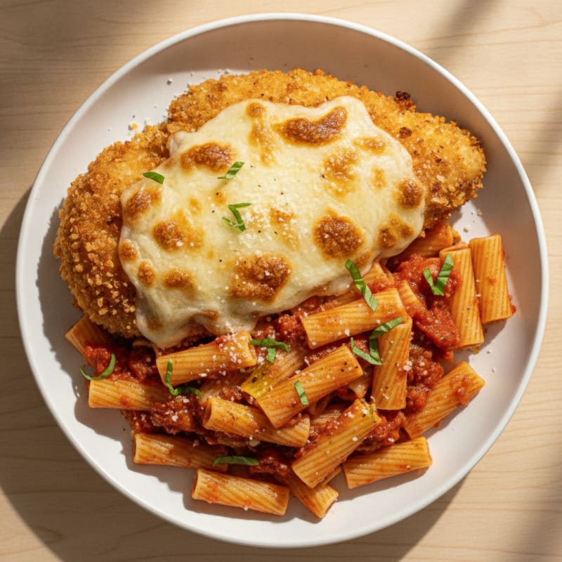 Breaded Chicken Parmigiana with Red Sauce Pasta
