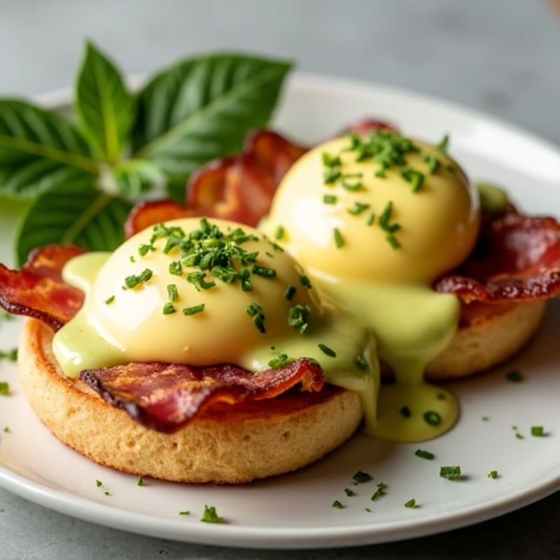 Poached Eggs with Creamy Avocado Hollandaise and Crispy Turkey Bacon
