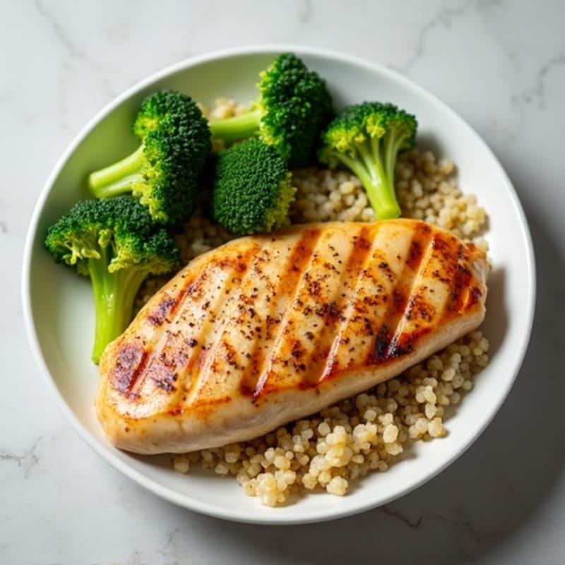 Grilled Lemon Pepper Chicken Breast with Quinoa and Steamed Broccoli