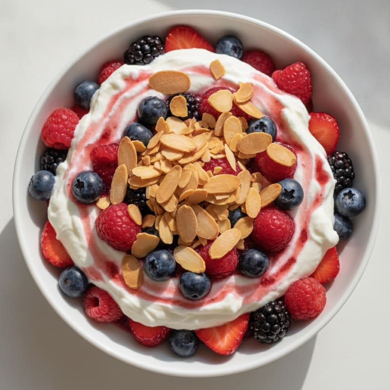Greek Yogurt Protein Parfait with Mixed Berries and Almonds