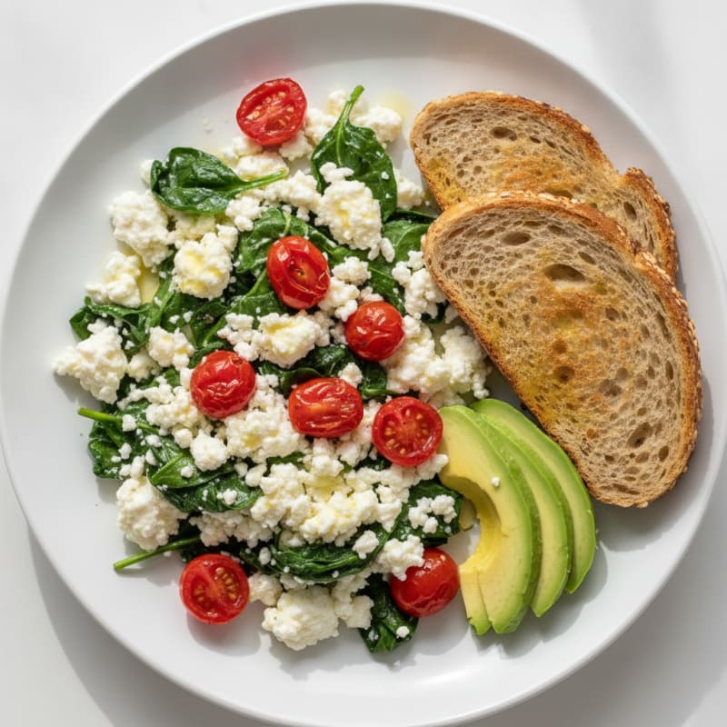 Cottage Cheese Egg White Scramble with Spinach and Cherry Tomatoes