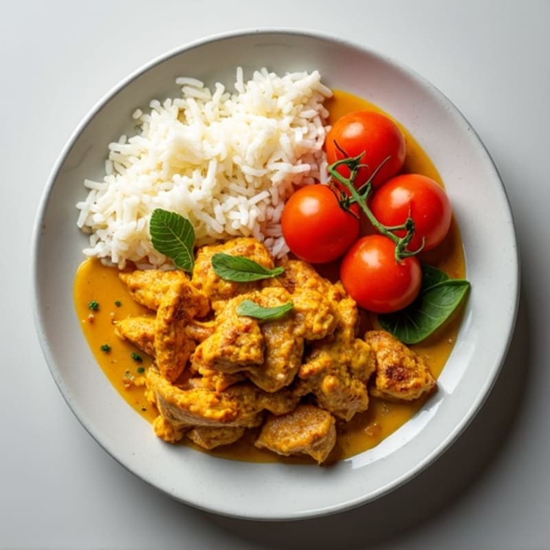 Curry Chicken with Steamed Rice and Sautéed Tomatoes