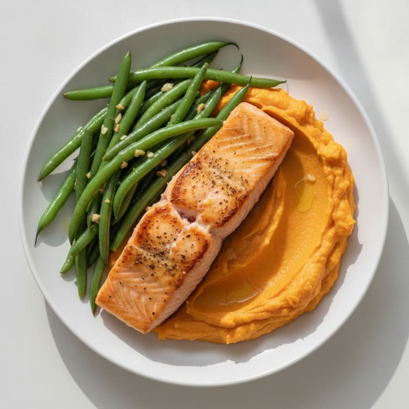 Seared Salmon with Garlic Green Beans and Sweet Potato Mash