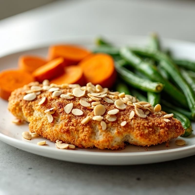 Crispy Almond-Crusted Chicken with Roasted Sweet Potatoes and Green Beans