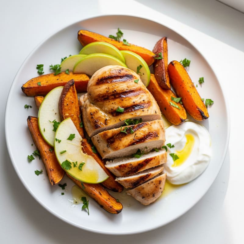 Grilled Chicken Breast with Roasted Sweet Potato and Apple Slices