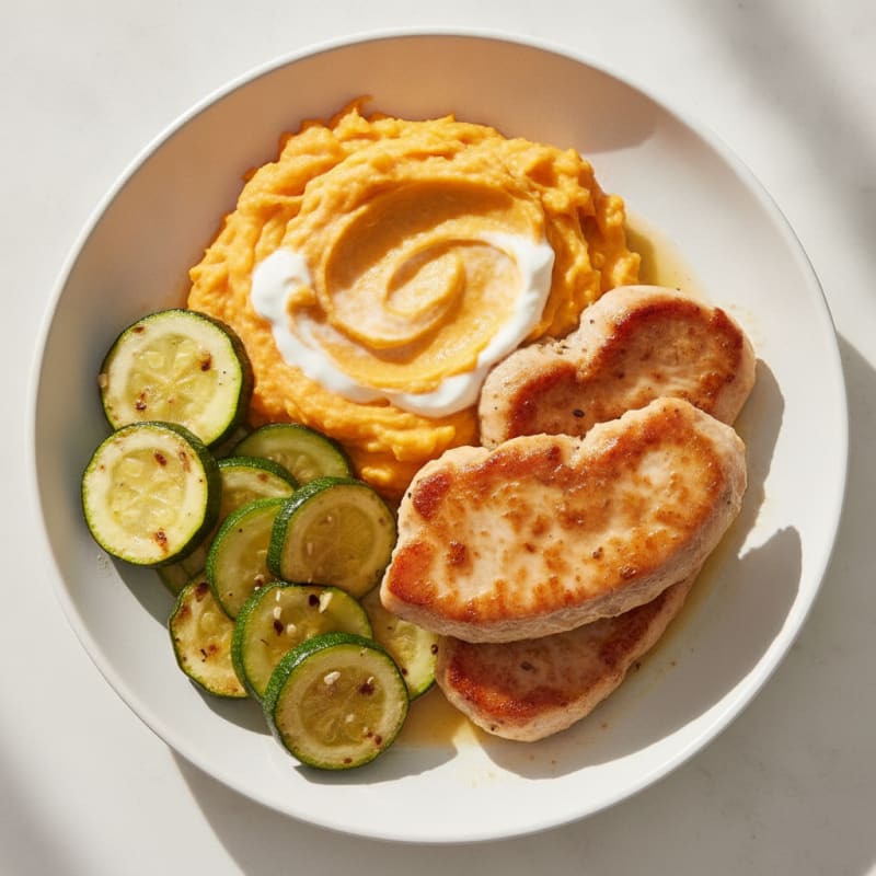 Seared Turkey Cutlets with Sautéed Zucchini and Sweet Potato Mash