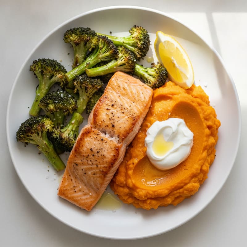 Seared Salmon with Roasted Broccoli and Sweet Potato Mash