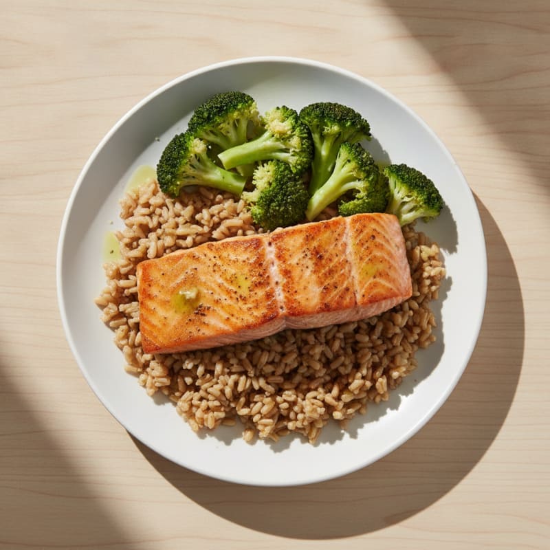 Seared Salmon with Steamed Broccoli and Brown Rice