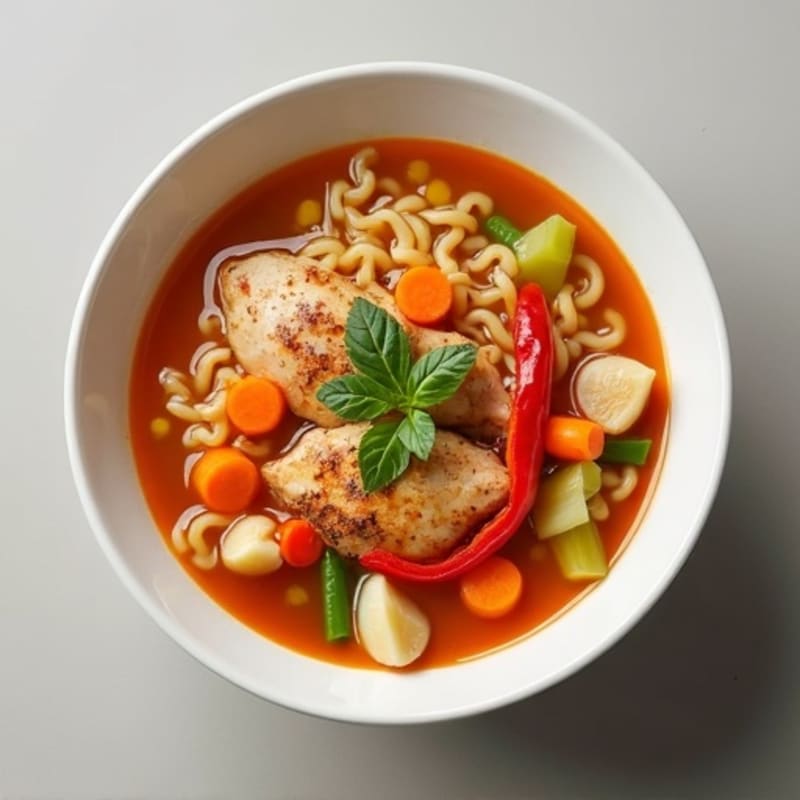 Spicy Sriracha Chicken Noodle Soup with Fresh Vegetables