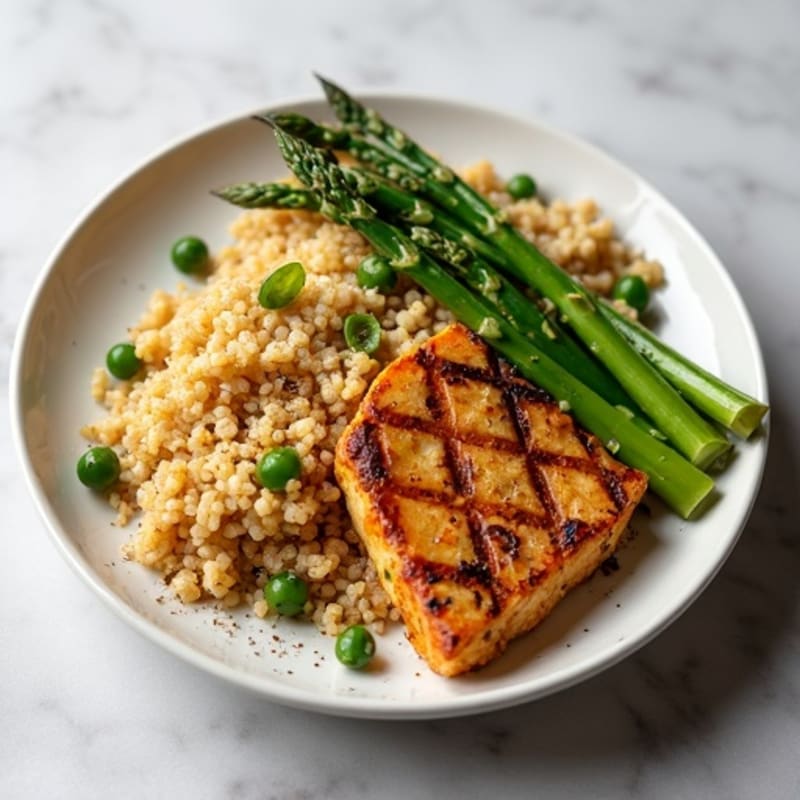 Grilled Tempeh with Quinoa and Steamed Asparagus