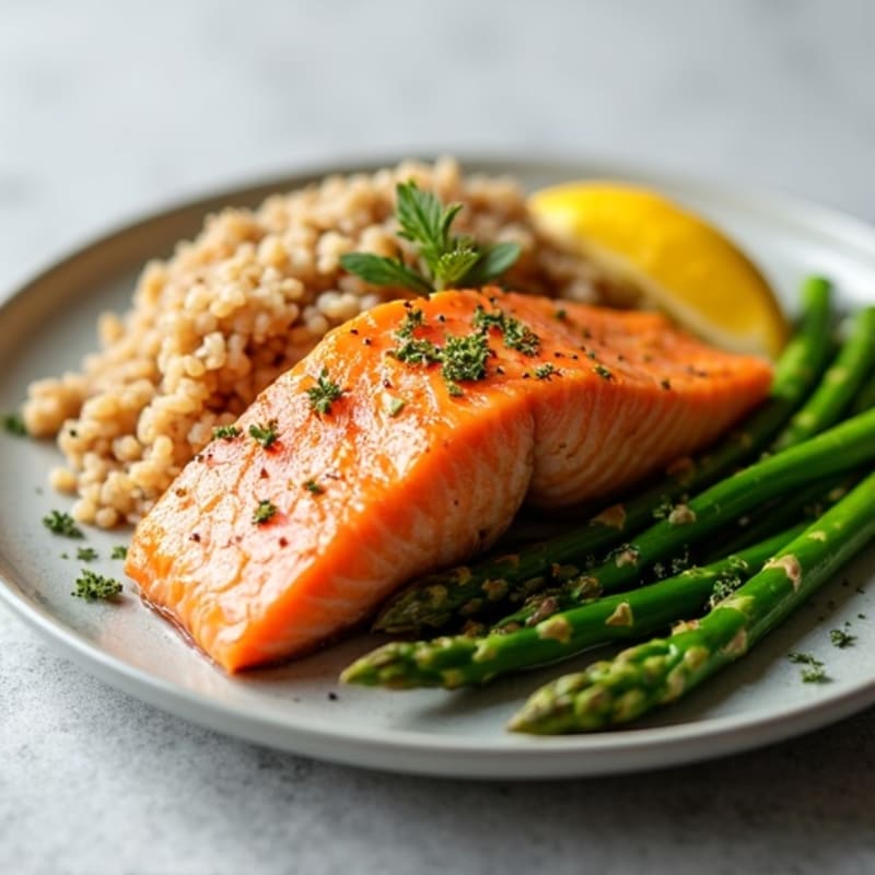 Seared Salmon with Steamed Asparagus and Brown Rice