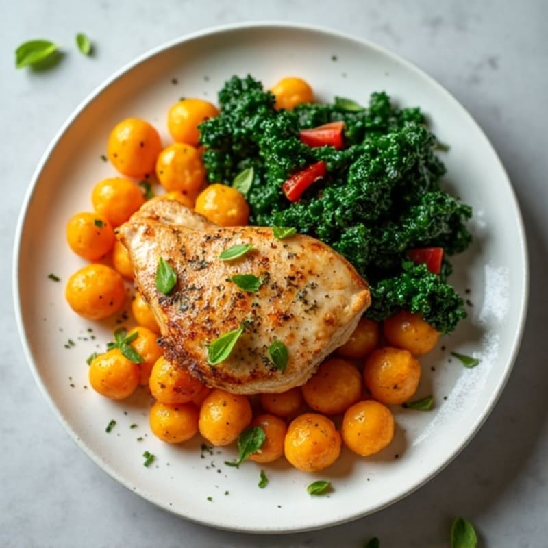 Pan-Seared Sweet Potato Gnocchi with Lemon-Herb Chicken and Sautéed Kale