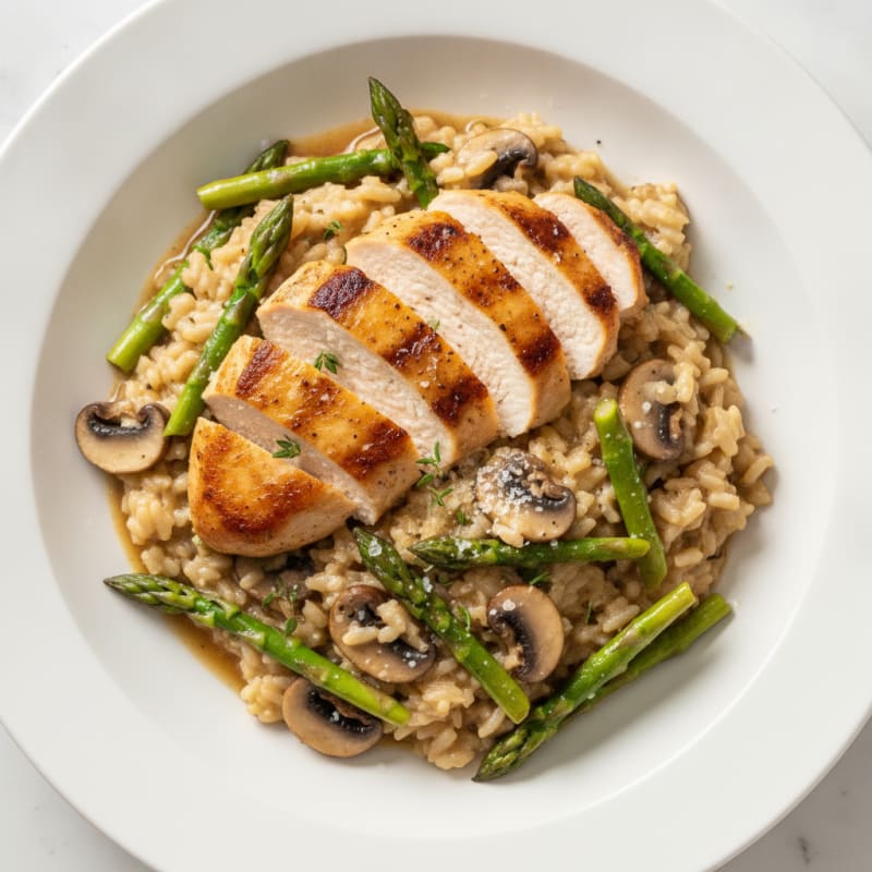 Mushroom and Asparagus Risotto with Seared Chicken