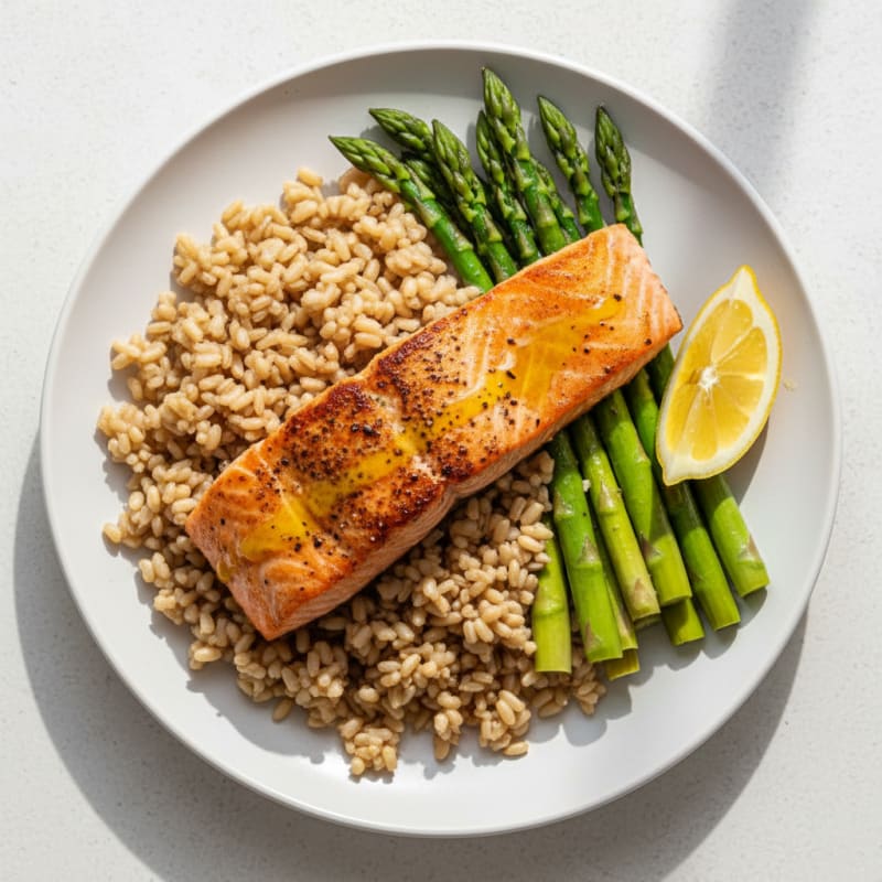 Seared Salmon Fillet with Steamed Asparagus and Brown Rice