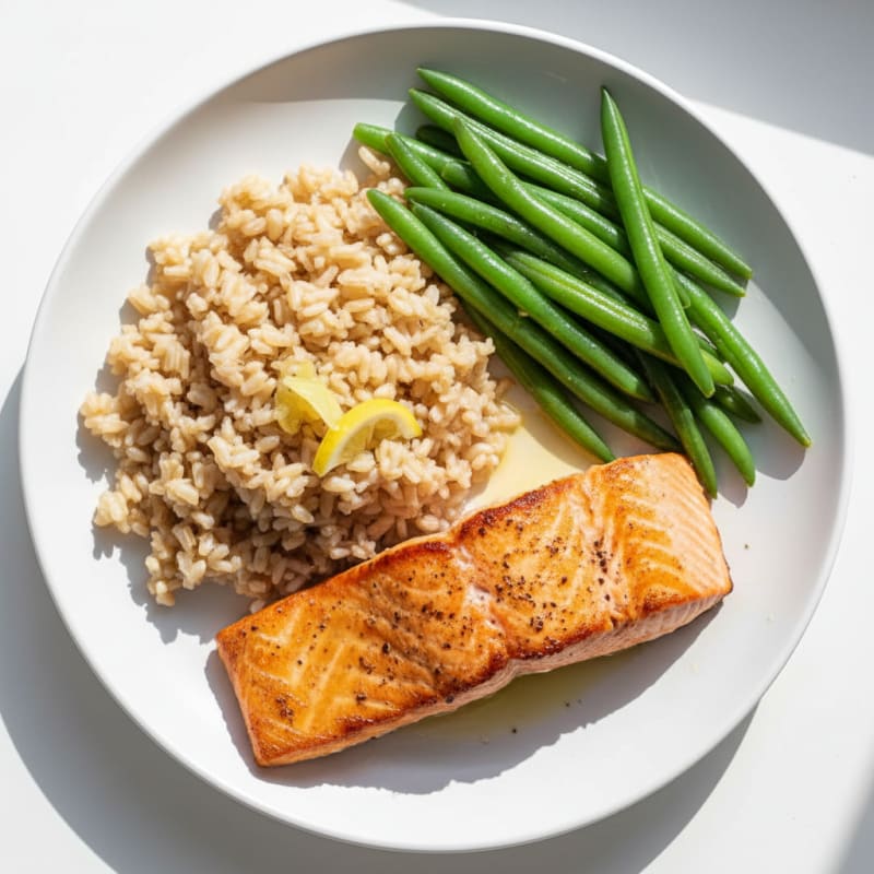 Seared Salmon with Steamed Green Beans and Brown Rice