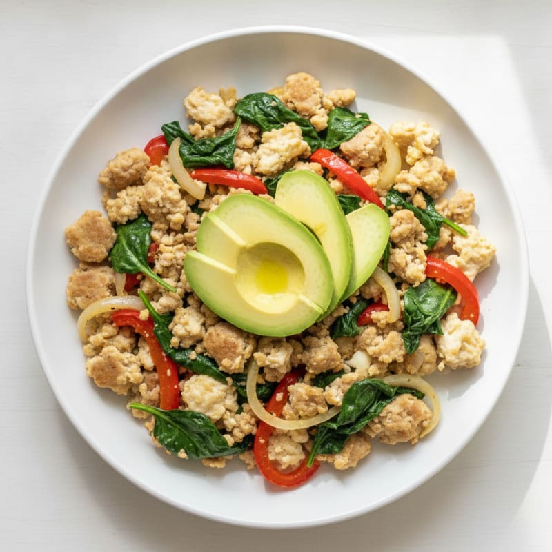 Egg White and Turkey Sausage Scramble with Sautéed Spinach