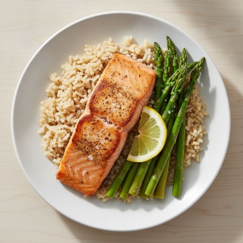 Seared Salmon Fillet with Steamed Asparagus and Brown Rice