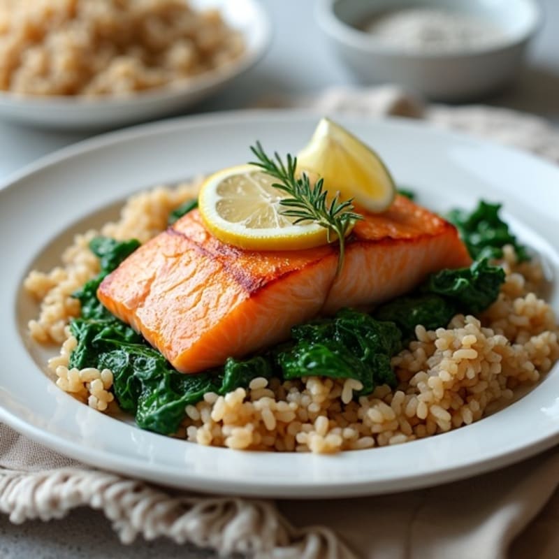 Seared Salmon with Creamy Garlic Spinach and Brown Rice