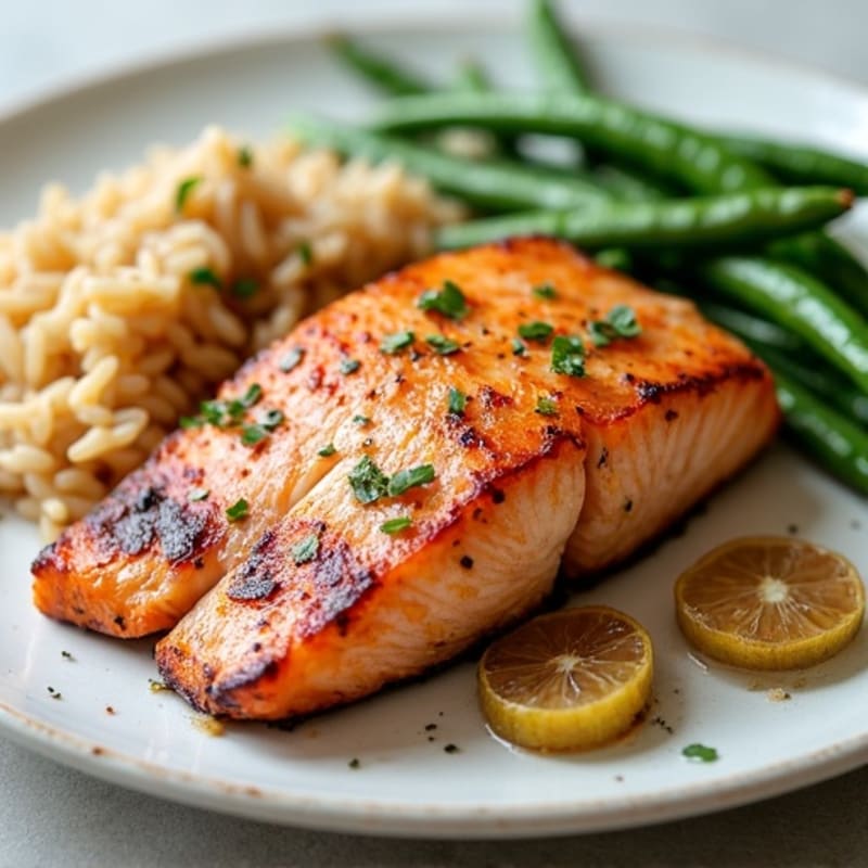 Seared Salmon with Garlic Green Beans and Brown Rice