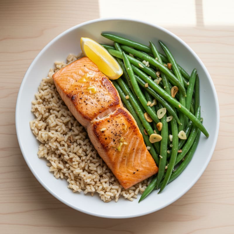 Seared Salmon Filet with Garlic Green Beans and Brown Rice
