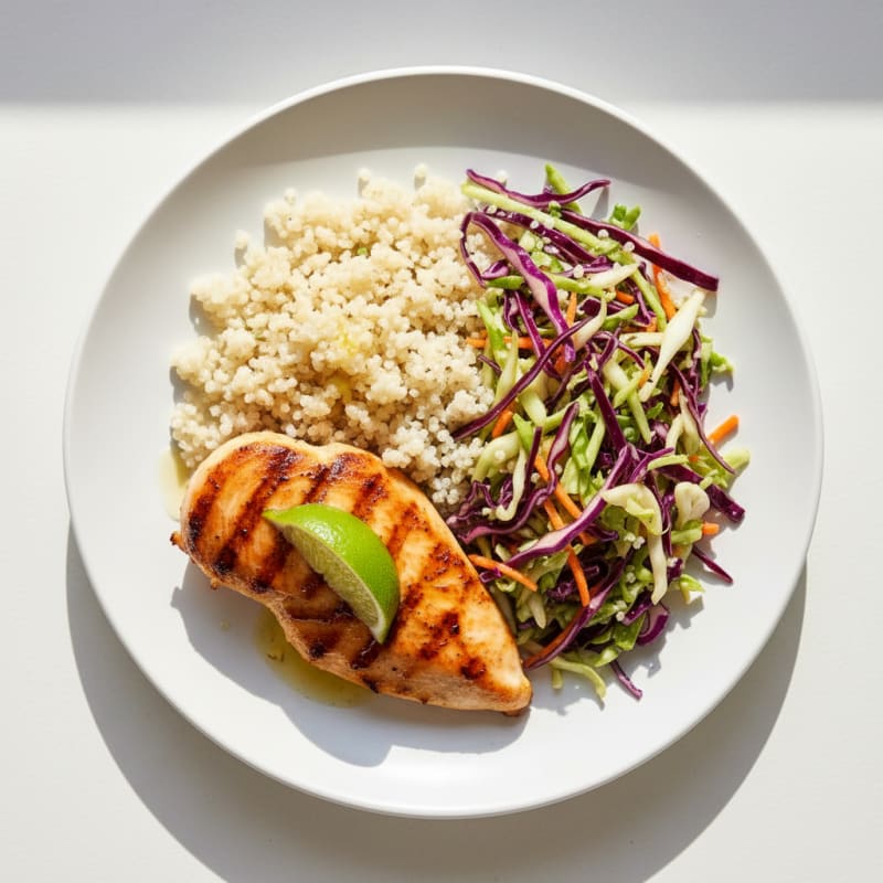 Grilled Chicken Breast with Crunchy Cabbage Slaw and Quinoa