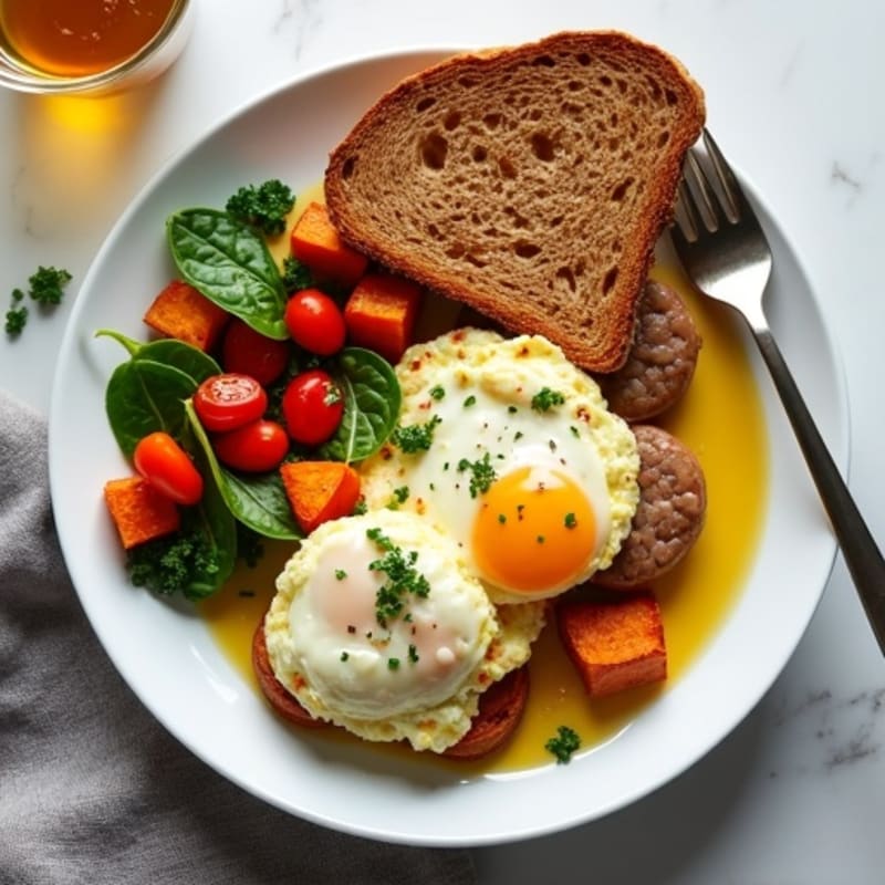 Egg White Scramble with Turkey Sausage and Roasted Sweet Potatoes