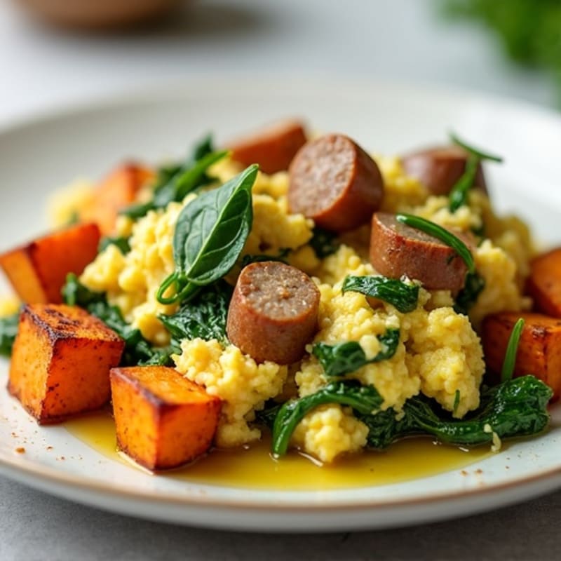 Egg White Spinach Scramble with Turkey Sausage and Roasted Sweet Potato