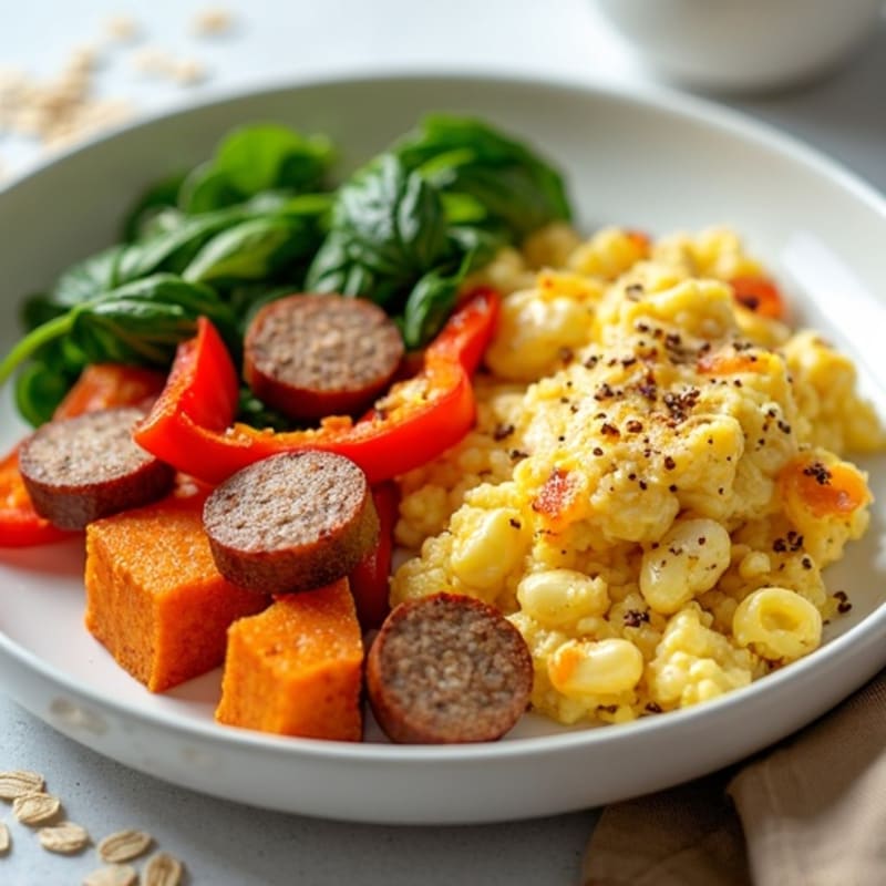 Egg White Scramble with Turkey Sausage and Roasted Sweet Potatoes