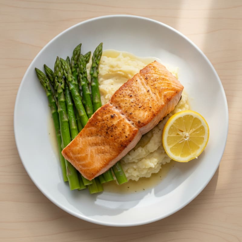 Seared Salmon with Steamed Asparagus and Garlic Cauliflower Mash
