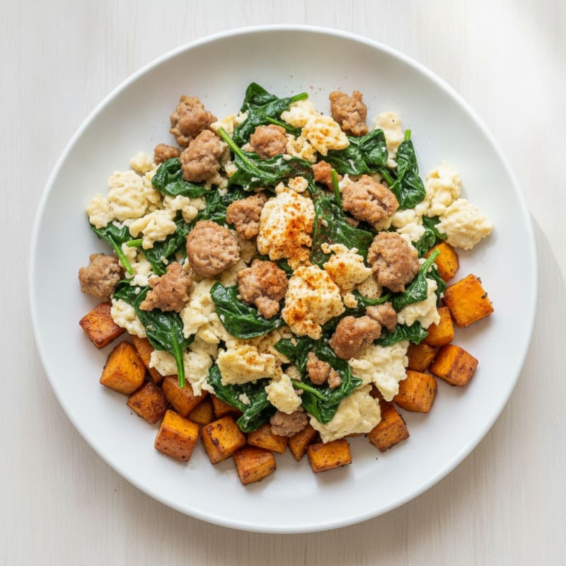 Egg White and Turkey Sausage Scramble with Spinach and Roasted Sweet Potatoes