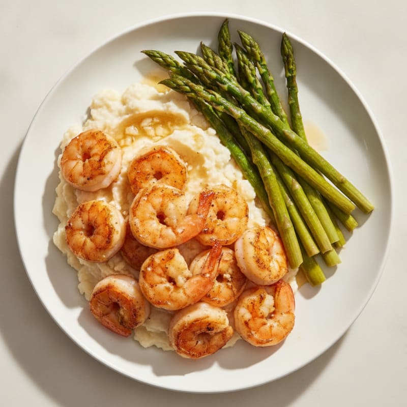 Seared Shrimp and Asparagus with Garlic Cauliflower Mash