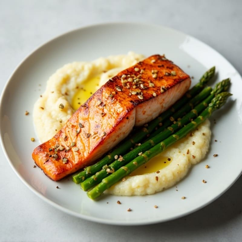 Seared Salmon with Steamed Asparagus and Cauliflower Mash