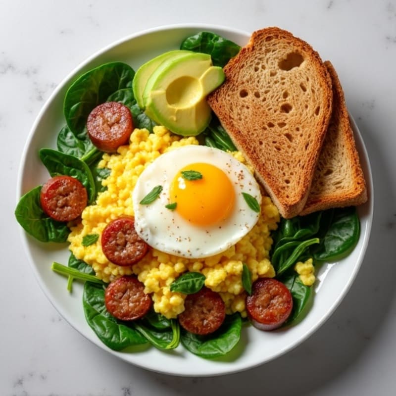 Egg White Scramble with Turkey Sausage, Spinach, Toast & Avocado