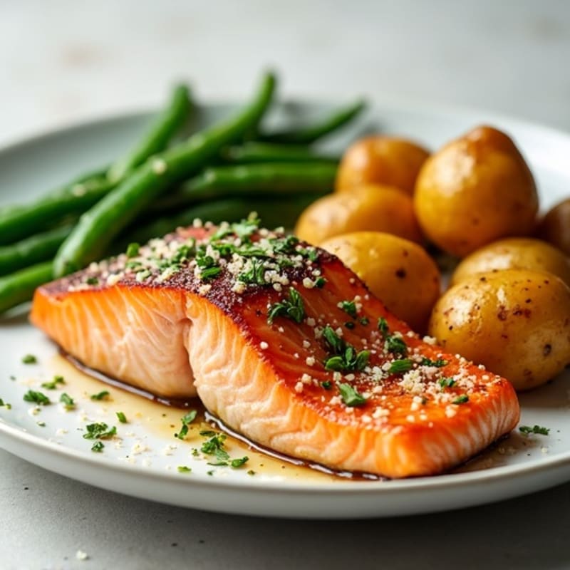 Herb-Marinated Salmon with Garlic Roasted Potatoes and Sautéed Green Beans