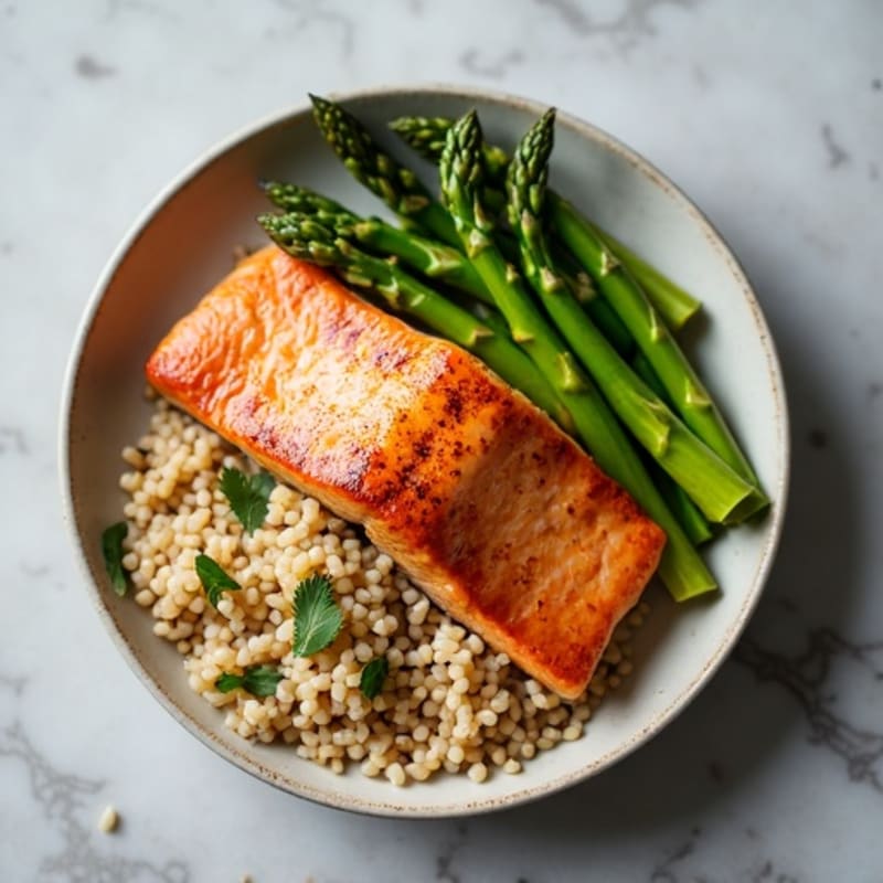 Seared Salmon Fillet with Steamed Asparagus and Brown Rice
