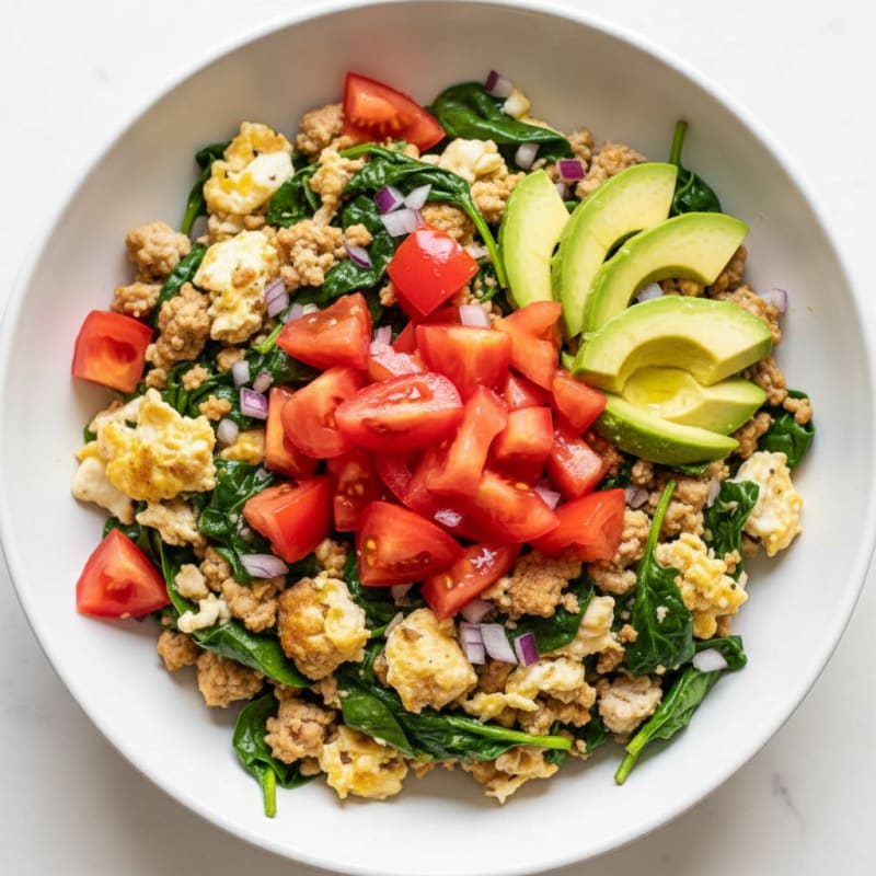 Egg White and Turkey Spinach Scramble with Fresh Tomatoes