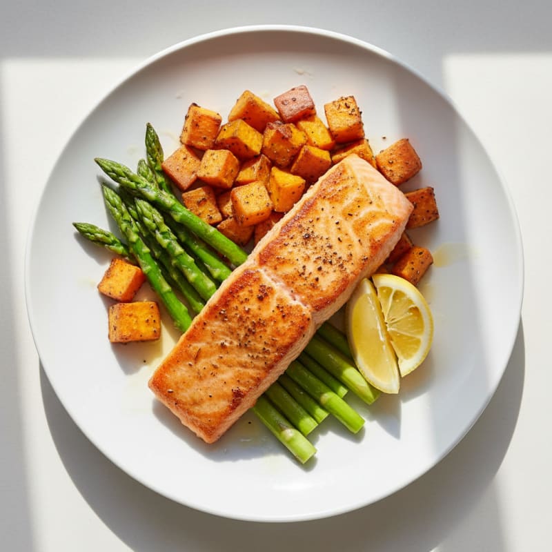 Seared Salmon with Roasted Sweet Potato and Asparagus