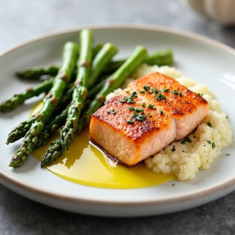 Seared Salmon with Roasted Asparagus and Garlic Cauliflower Mash
