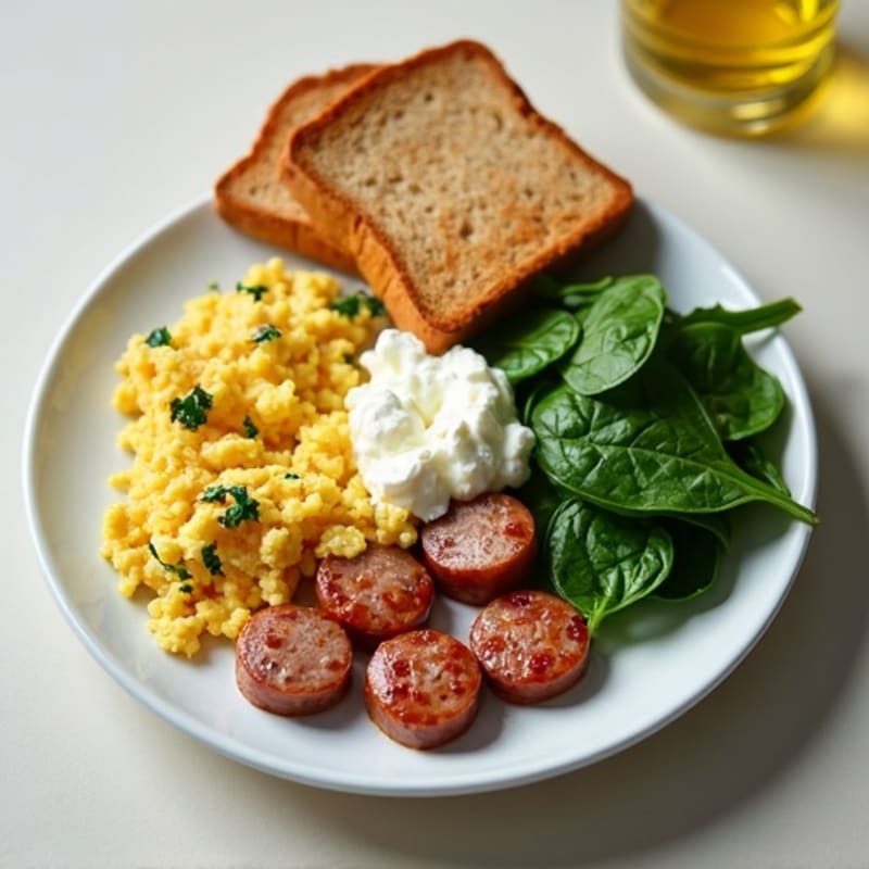 Egg White and Turkey Sausage Scramble with Cottage Cheese and Spinach